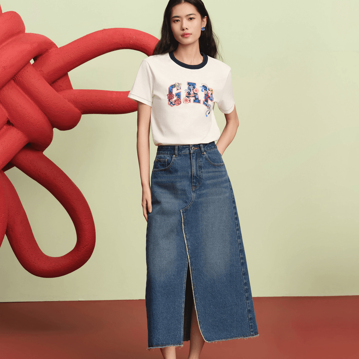 GAP X ZHONGGUOJINGJU Деним Длинный Юбка Женские - изображение 3