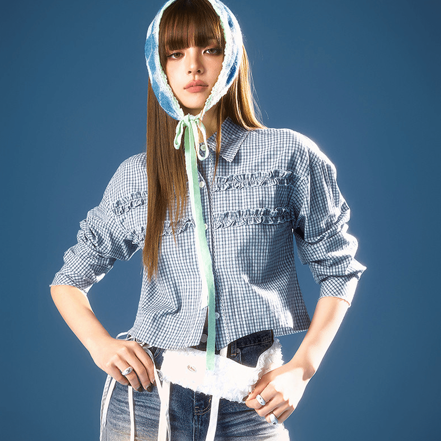 Блузка CHUU Blue Plaid Women's Shirts CHUU Синие Клетчатые Женские Рубашки - изображение 5