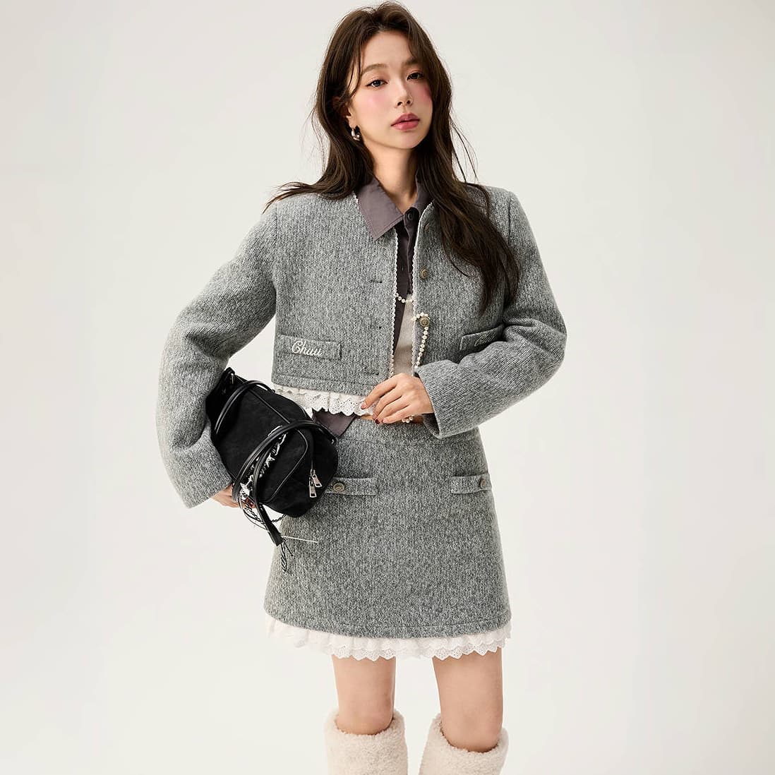 CHUU Укороченное пальто женское светло-пшеничного серого цвета - изображение 5