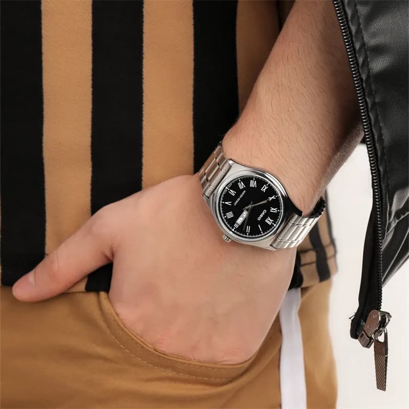 Часы Casio Винтаж Кварцевый Механизм Нержавеющая Сталь Шнуровка Часы Мужские Черный Циферблат - изображение 4