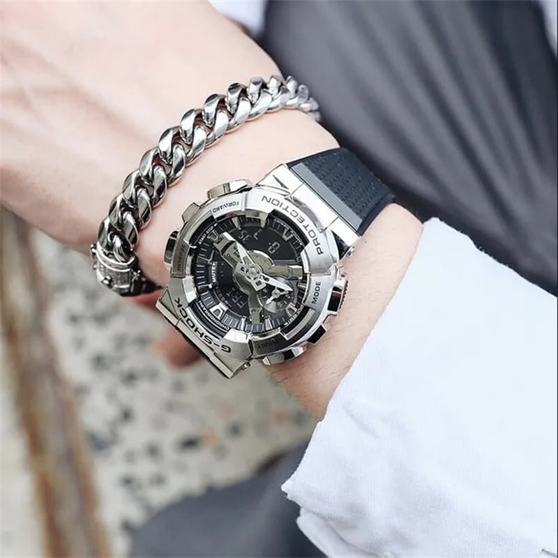 Часы G-SHOCK Металлическая эволюция серебряного кольца Водонепроницаемый Ударопрочный Антимагнитный Кварцевый механизм Унисекс Черный циферблат - изображение 4