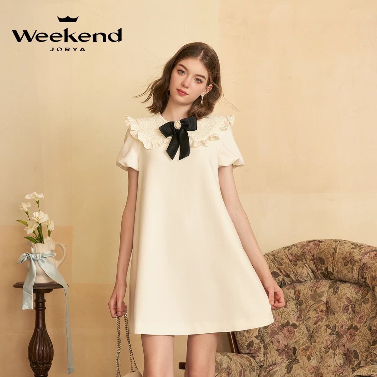 Платье JORYAweekend Короткое платье с короткими рукавами женский экрю - изображение 6