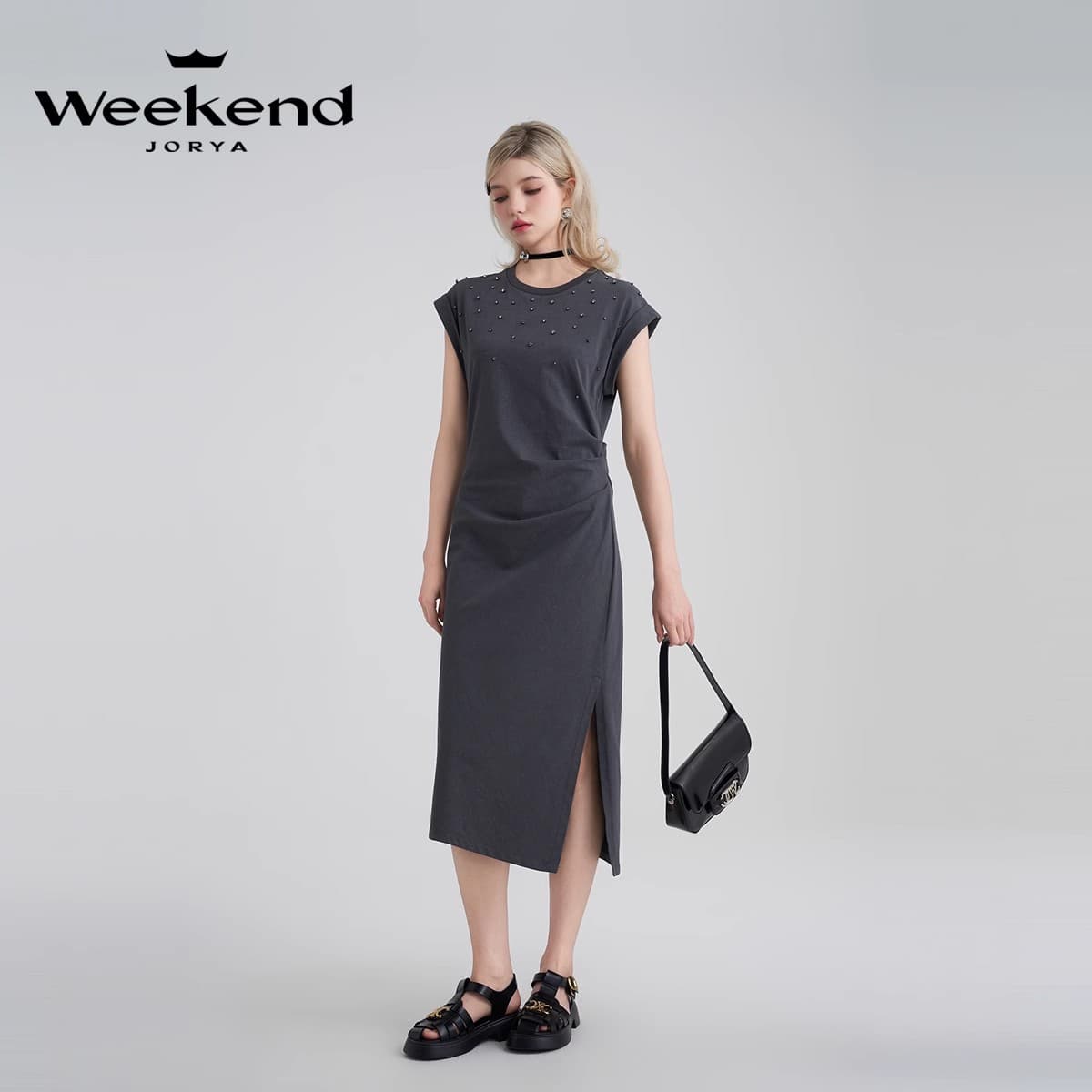 Платье JORYAweekend Короткое платье с короткими рукавами женский ветерный серый - изображение 5
