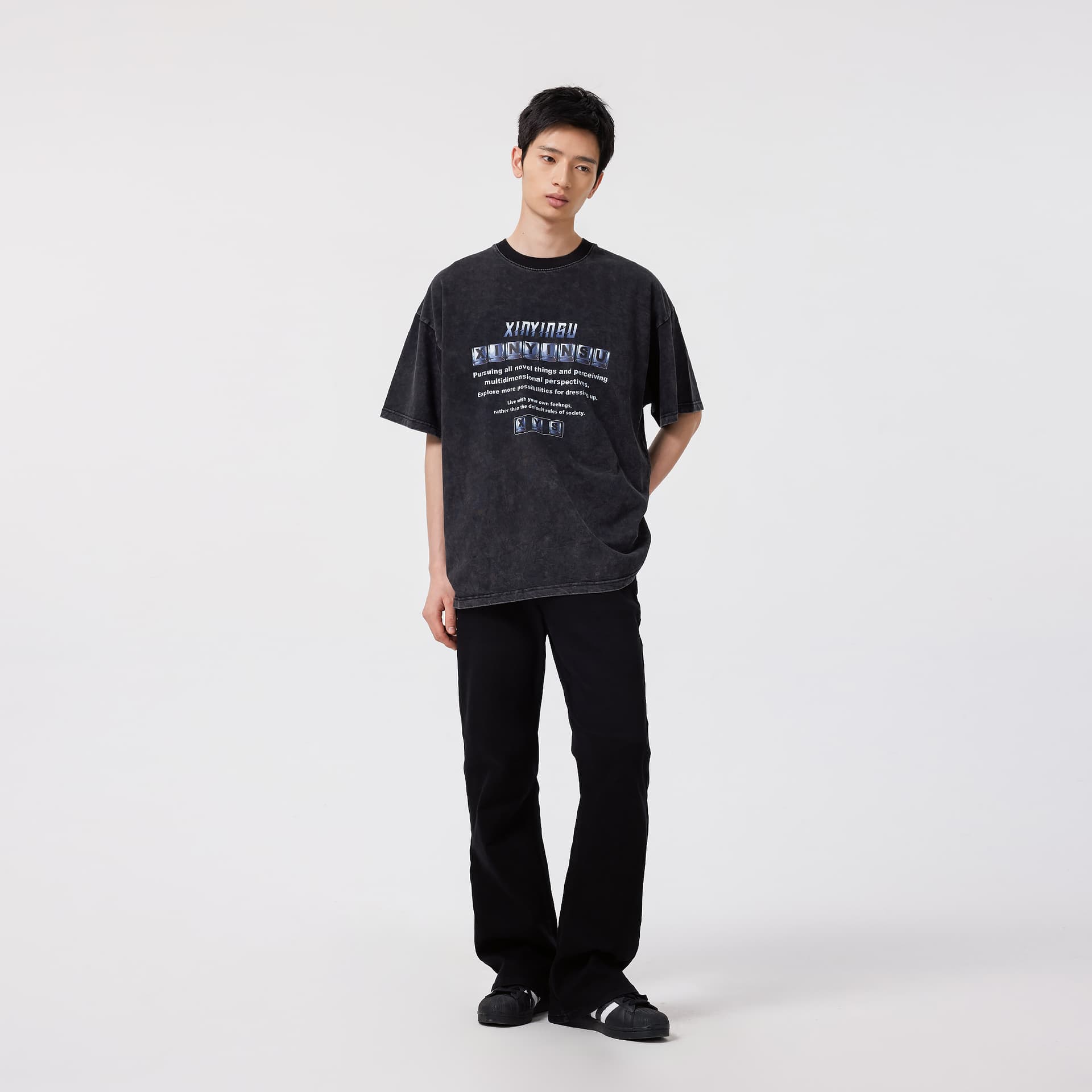Футболка XINYINSU T-рубашка унисекс выцветший черный - изображение 6