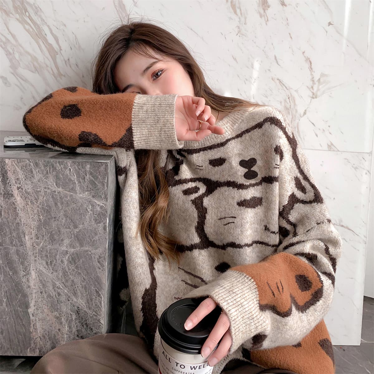 Кардиган Tonlion Свитер Женский Бежевый с Кофейным Узором - изображение 5