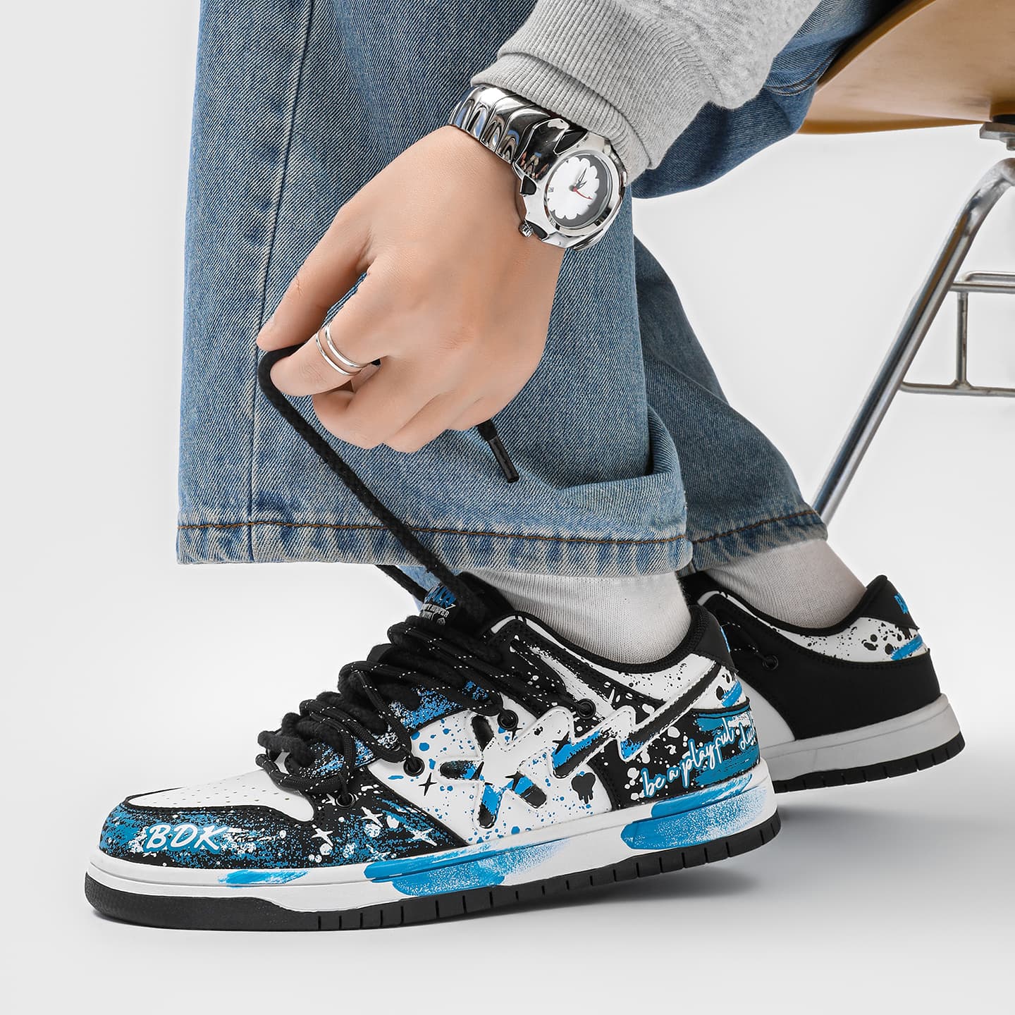 Кроссовки B.DUCK Hook Storm Lightning Глубокое море Звездный свет Кляксы чернил Граффити С эффектом старения Готический стиль - изображение 4