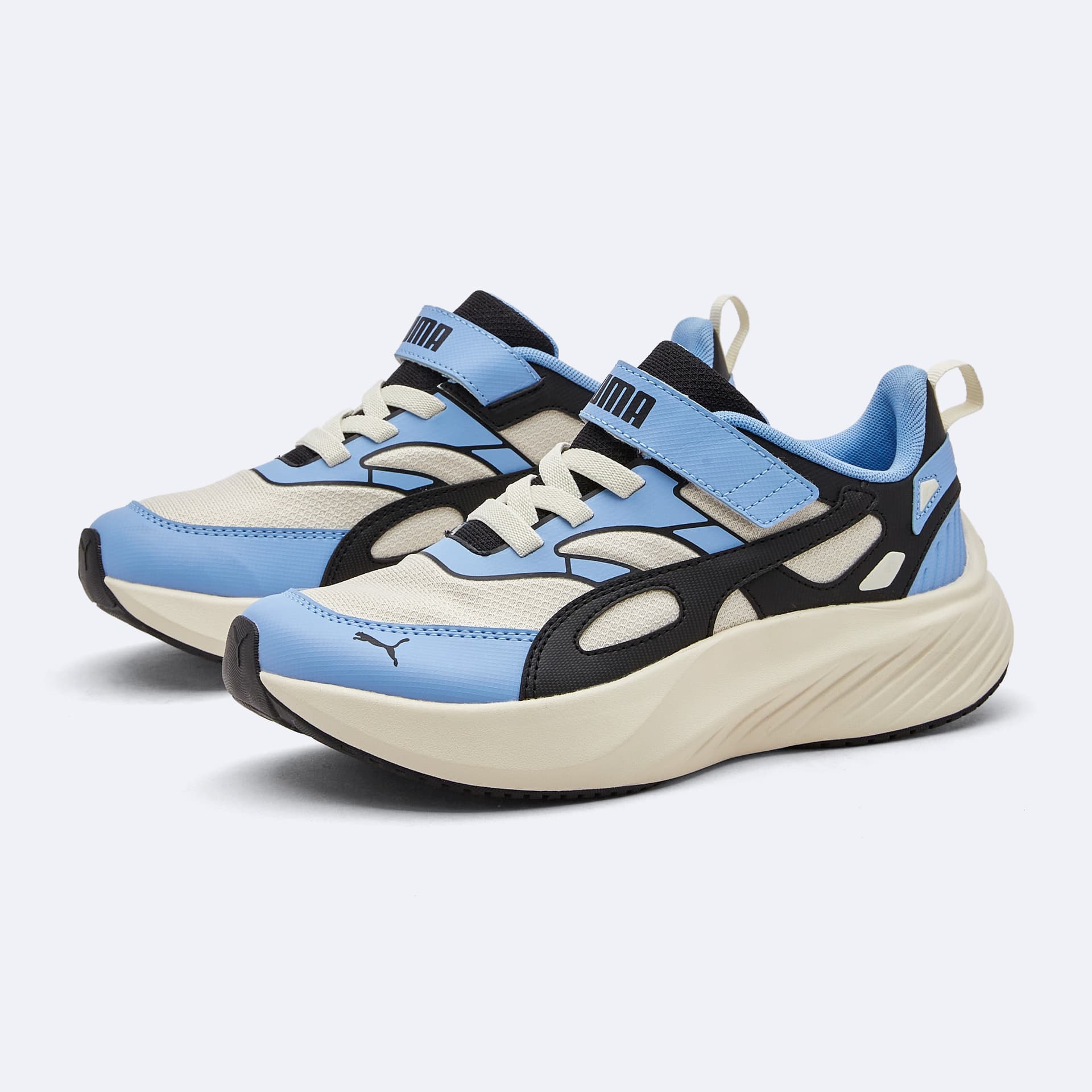 Кроссовки PUMA POUNCE LITE CM AC+ Детская беговая обувь Низкий топ Снежно-черный Светло-синий Kids - изображение 2