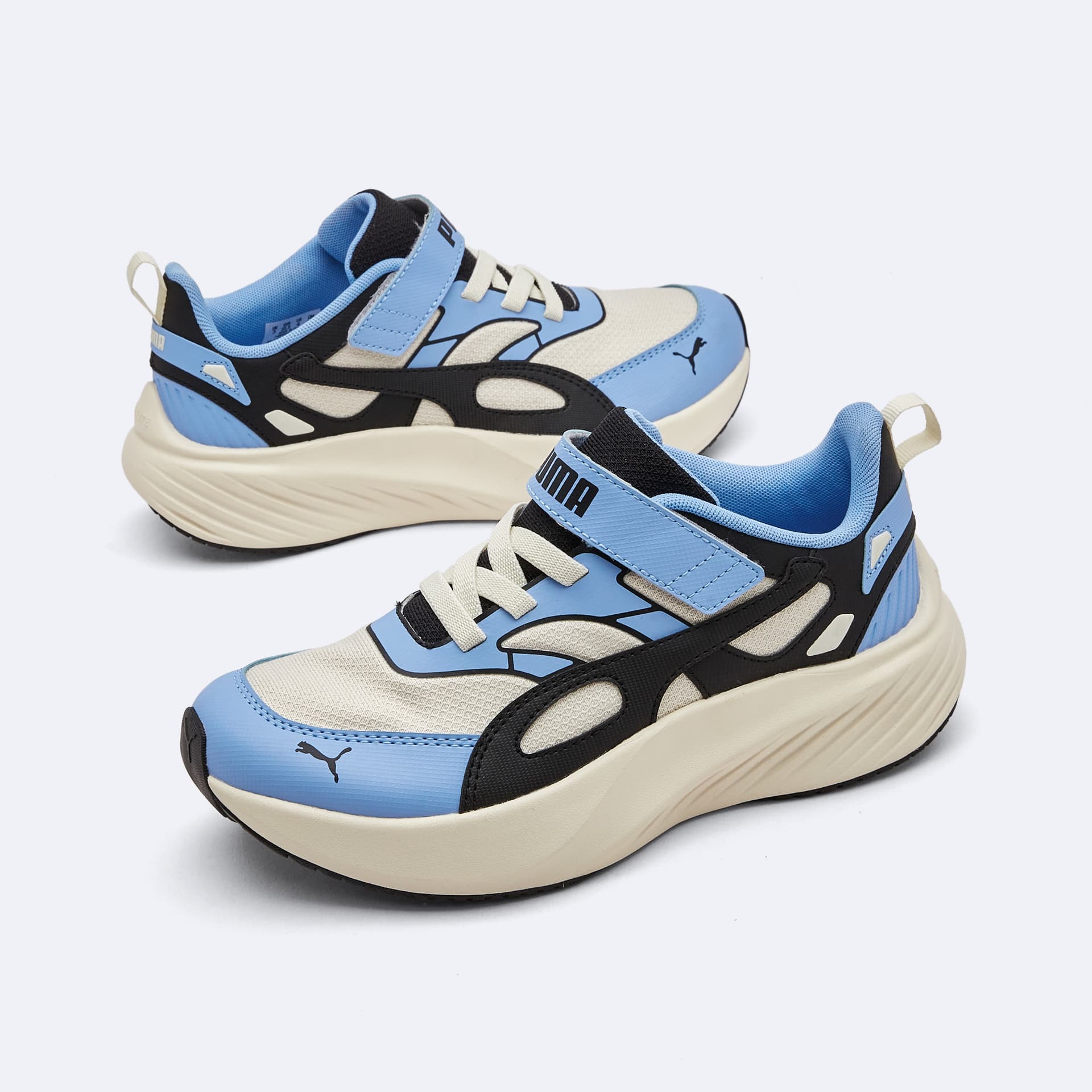 Кроссовки PUMA POUNCE LITE CM AC+ Детская беговая обувь Низкий топ Снежно-черный Светло-синий Kids - изображение 3
