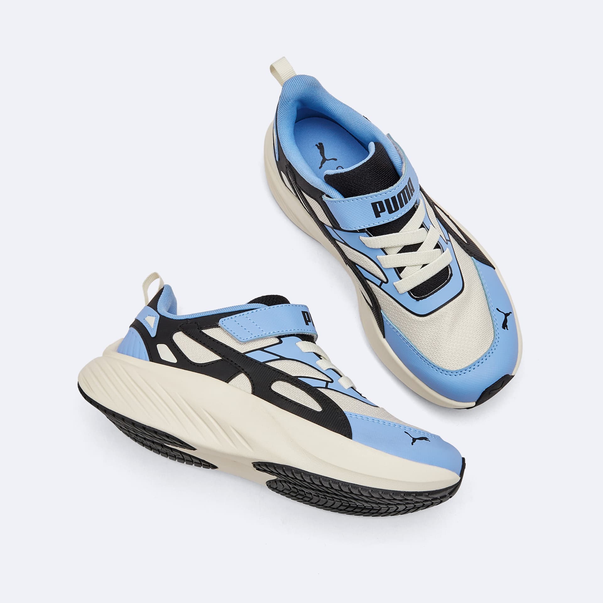 Кроссовки PUMA POUNCE LITE CM AC+ Детская беговая обувь Низкий топ Снежно-черный Светло-синий Kids - изображение 5