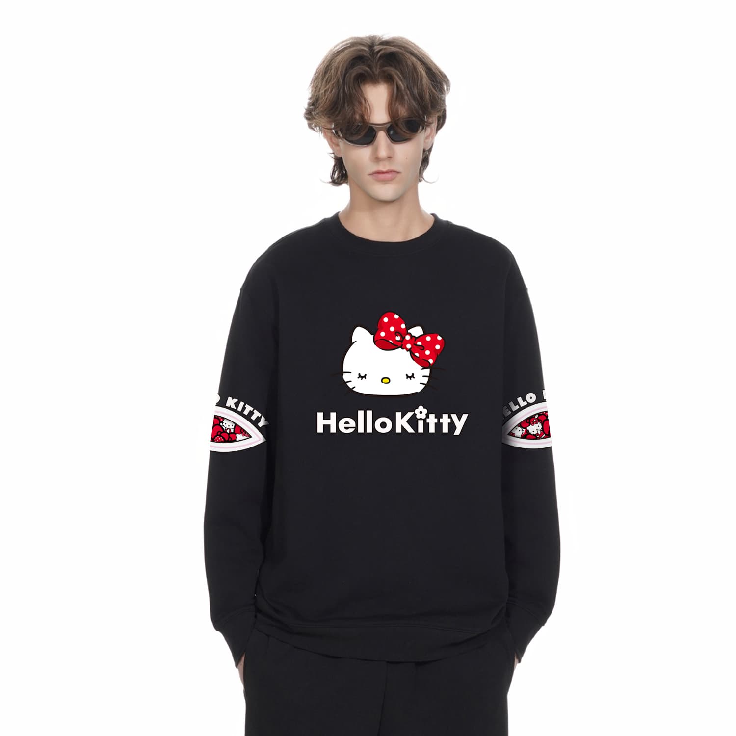 Худи Sanrio x Hello Kitty Совместная коллекция Hello Kitty Эксклюзивный индивидуальный экстра свободный удобный мягкий пуловер круглый вырез базовая рубашка милый мультяшный модный универсальный флисовая подкладка термозащитный унисекс Толстовка - изображение 6