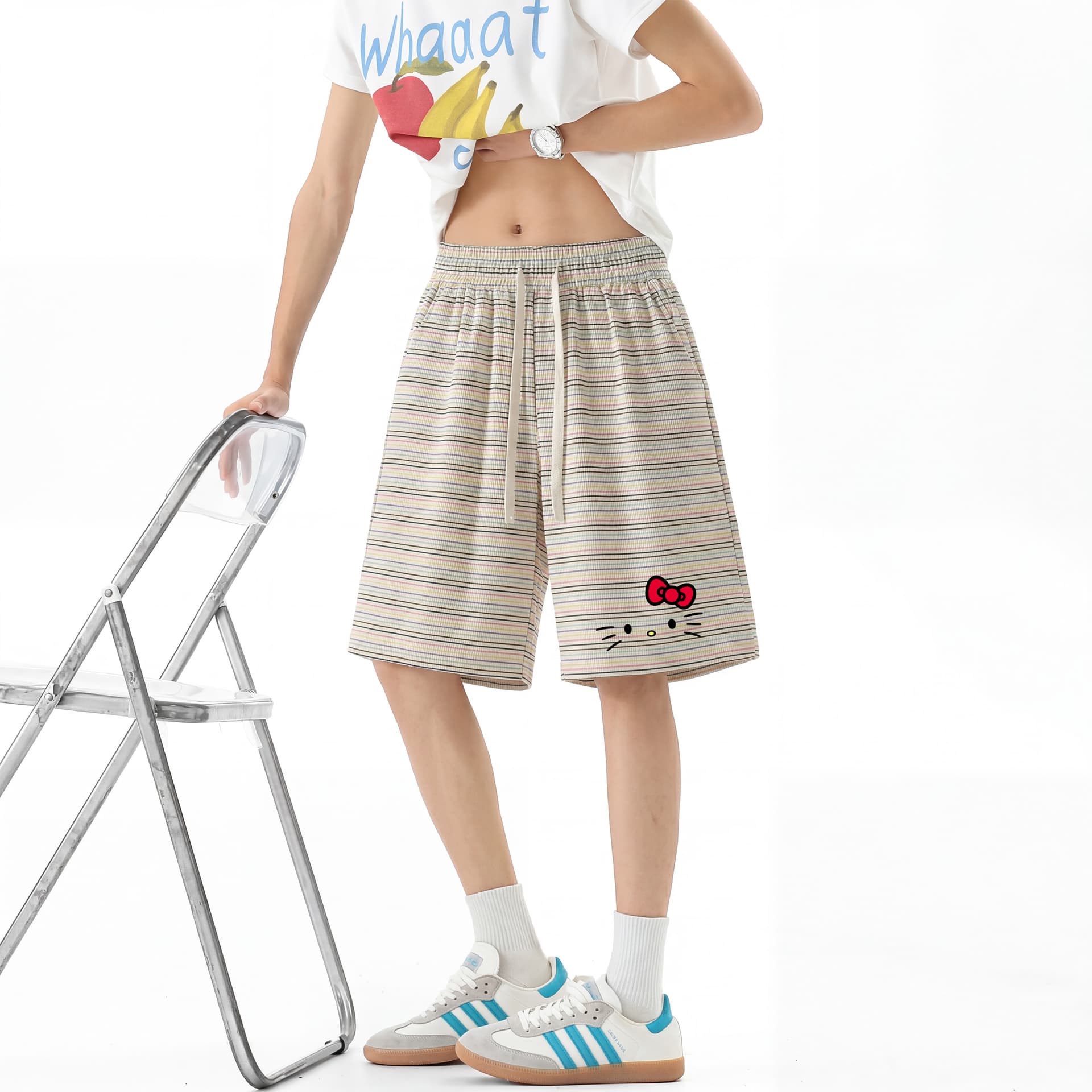 Шорты Sanrio Hello Kitty Rainbow Stripes Unisex Casual Shorts Санрио Hello Kitty Радужные Полосы Унисекс Повседневные Шорты - изображение 3