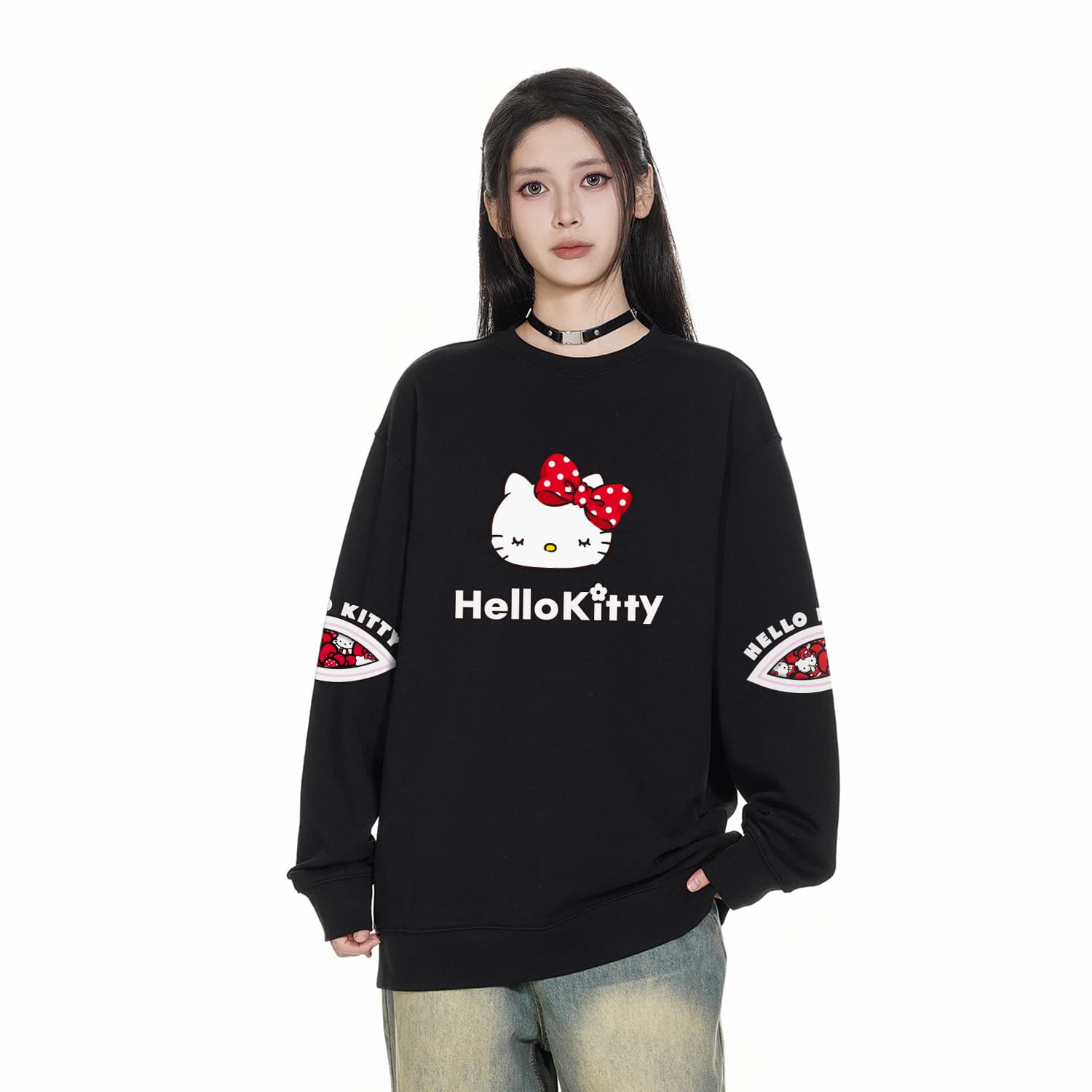 Худи Sanrio x Hello Kitty Совместная коллекция Hello Kitty Эксклюзивный индивидуальный экстра свободный удобный мягкий пуловер круглый вырез базовая рубашка милый мультяшный модный универсальный флисовая подкладка термозащитный унисекс Толстовка - изображение 4