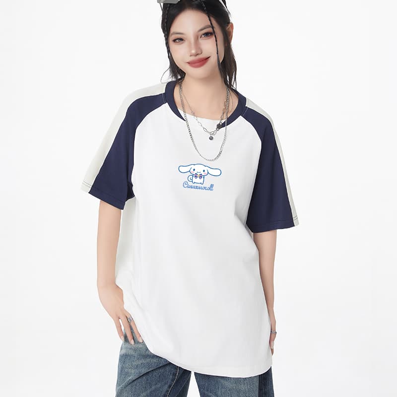 Футболка Sanrio x Cinnamoroll Совместная коллекция Cinnamonroll Американский минималистичный мультяшный рисунок принт с буквами реглан удобный повседневный короткий рукав футболка унисекс - изображение 3