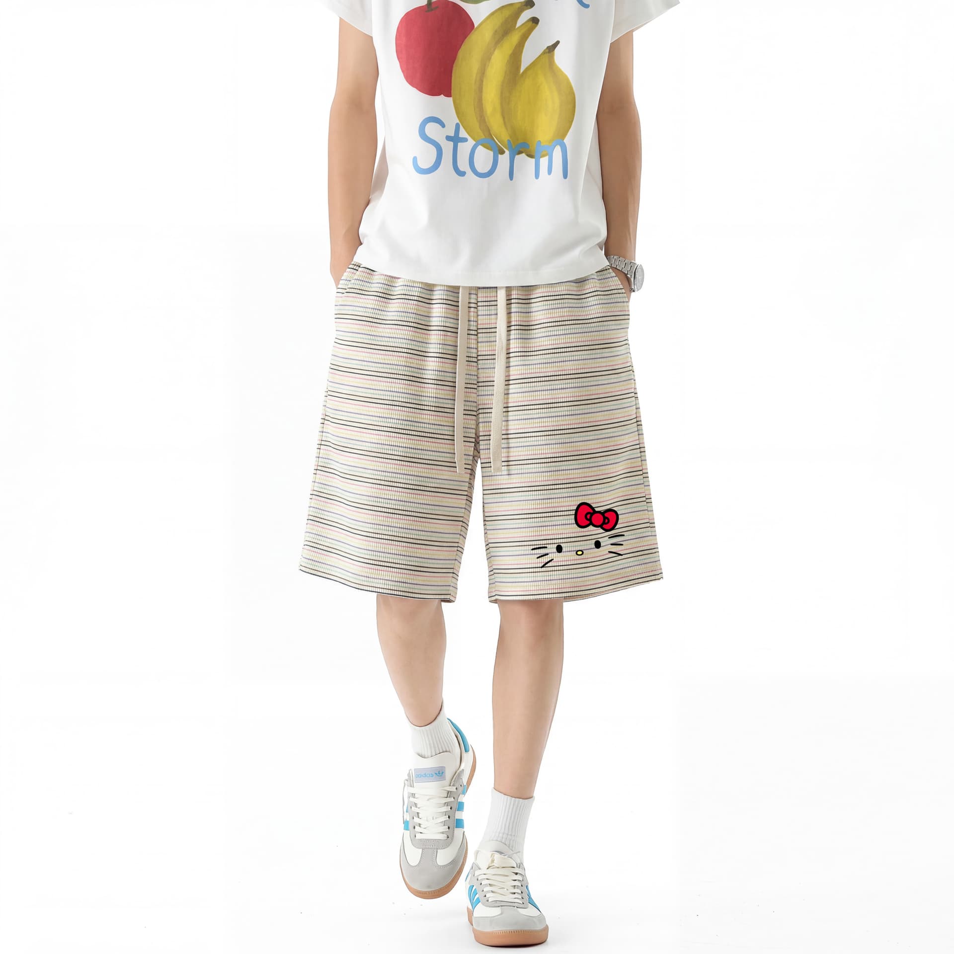 Шорты Sanrio Hello Kitty Rainbow Stripes Unisex Casual Shorts Санрио Hello Kitty Радужные Полосы Унисекс Повседневные Шорты - изображение 4
