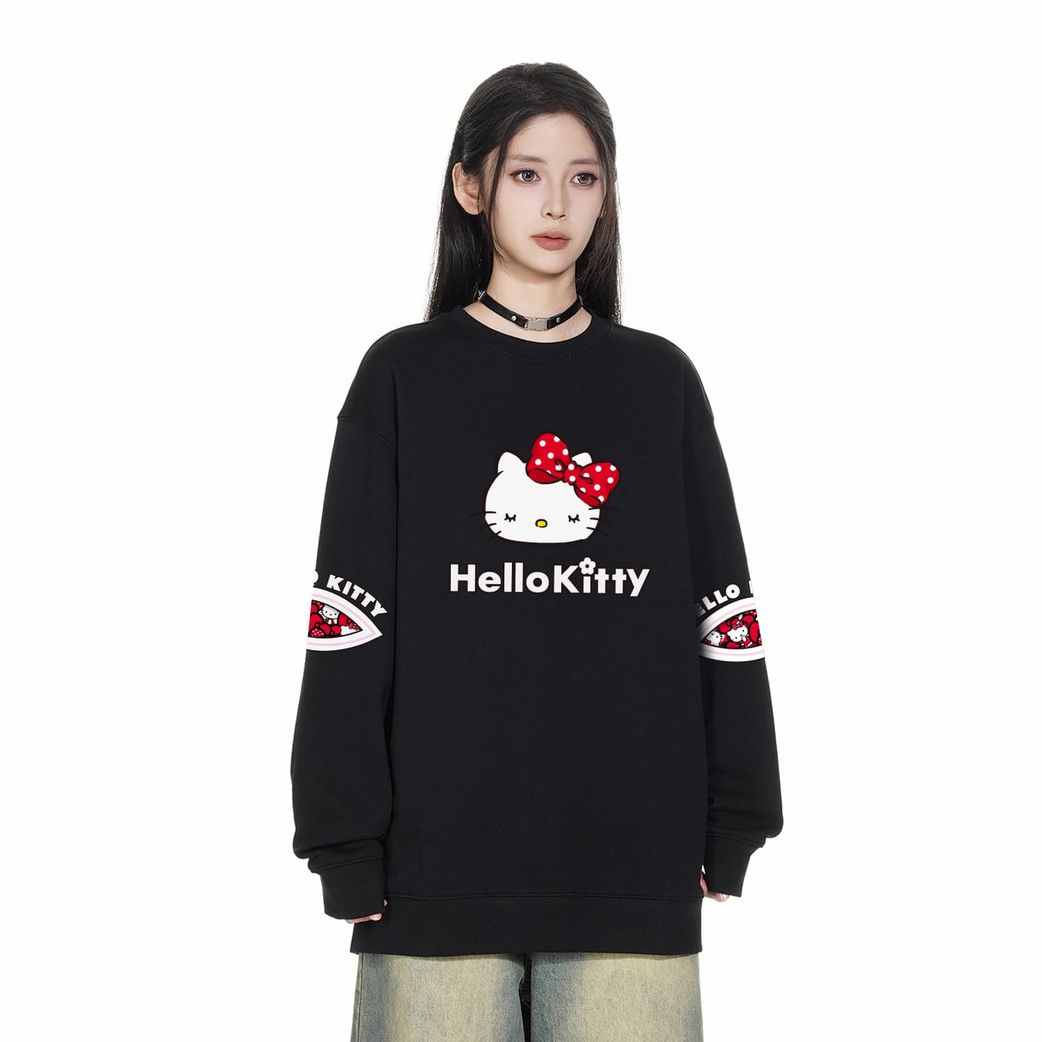 Худи Sanrio x Hello Kitty Совместная коллекция Hello Kitty Эксклюзивный индивидуальный экстра свободный удобный мягкий пуловер круглый вырез базовая рубашка милый мультяшный модный универсальный флисовая подкладка термозащитный унисекс Толстовка - изображение 5