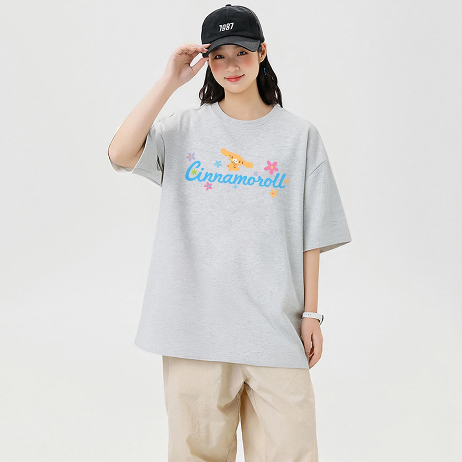 Футболка Sanrio x Cinnamoroll Футболка унисекс с цветочным принтом и надписью, свободный крой, 100% хлопок - изображение 4