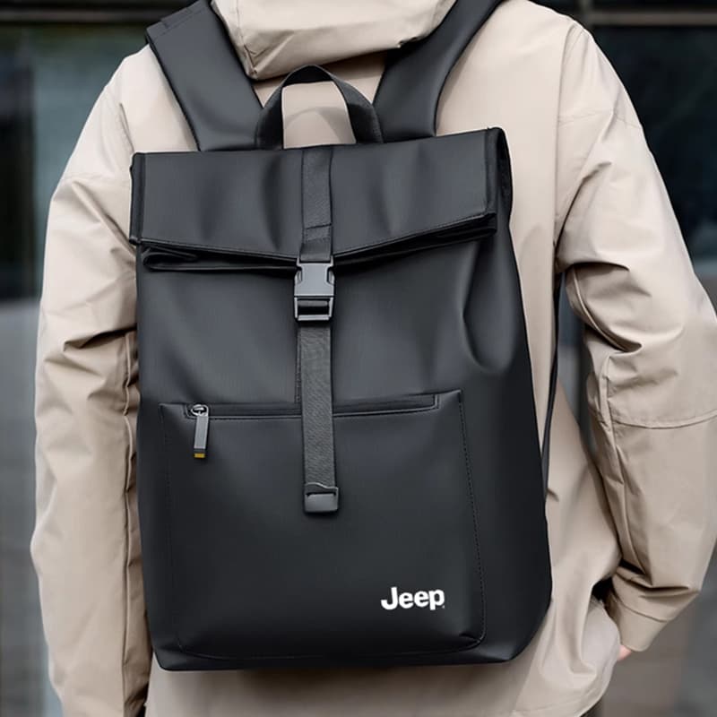 Рюкзак Jeep Oxford с кожаными вставками покрытие пленка сумка мужская черная - изображение 4