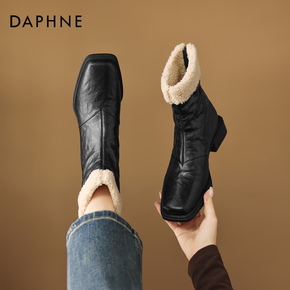 Сапоги DAPHNE Синтетическая кожа Французский винтаж Однотонный Утолщенный и с флисовой подкладкой Ветрозащитный Термический - изображение 3