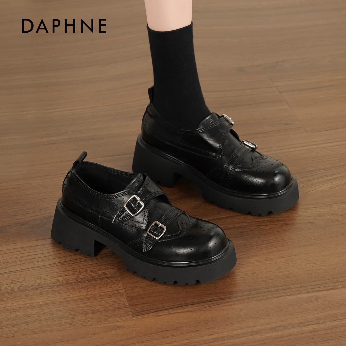 Лоферы DAPHNE Лоферы Низкий Топ Черный [BROGUE Броги 5 см Каблук] Женские - изображение 5