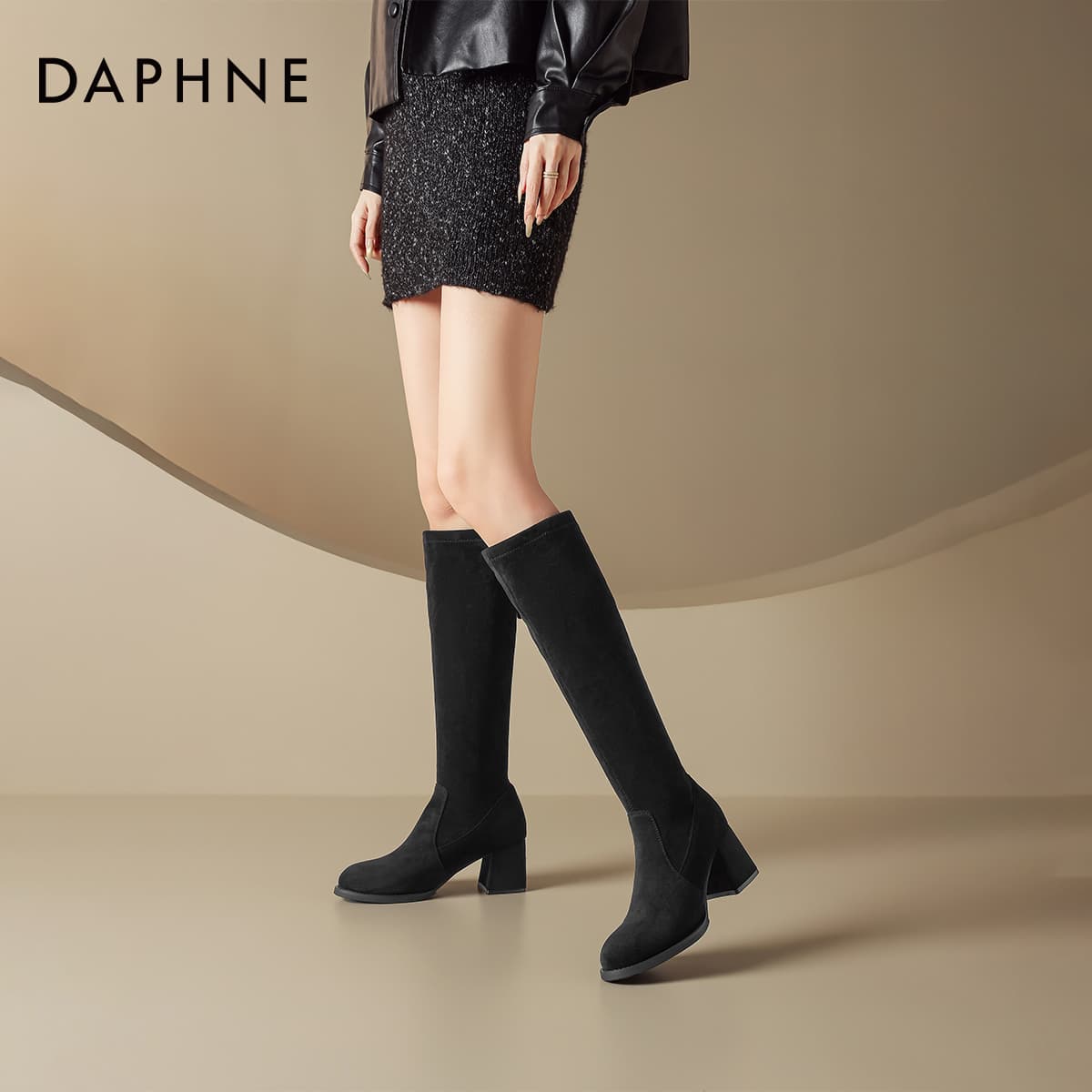 Ботинки DAPHNE Высокие сапоги до колена Черный с флисовой подкладкой Женские - изображение 5