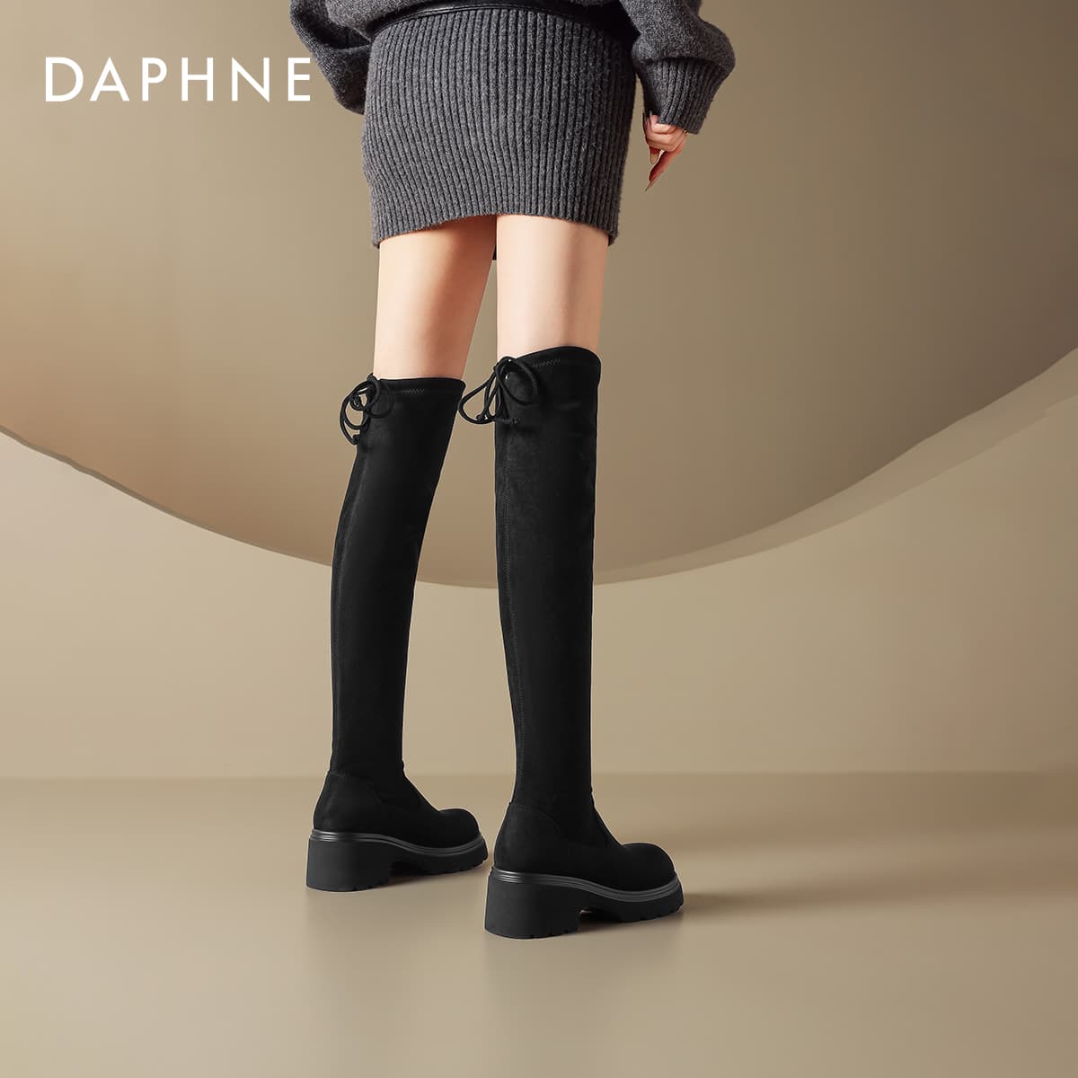 Ботинки DAPHNE Высокие сапоги до колена Черный с флисовой подкладкой Женские - изображение 6