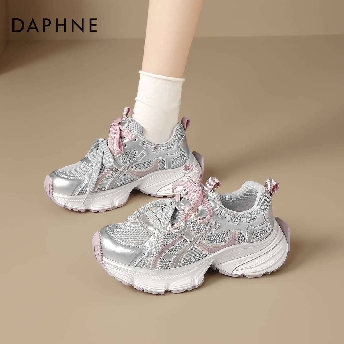 Кроссовки DAPHNE Массивные кроссовки Low Топ Серебристo-розовый Женские - изображение 4