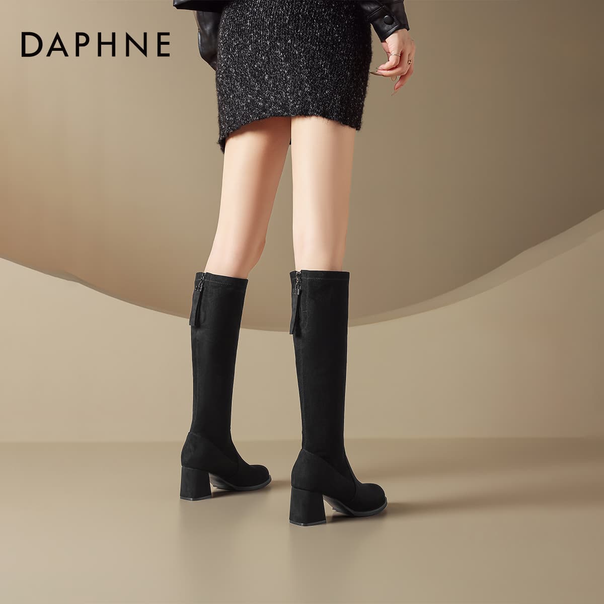 Ботинки DAPHNE Высокие сапоги до колена Черный с флисовой подкладкой Женские - изображение 6