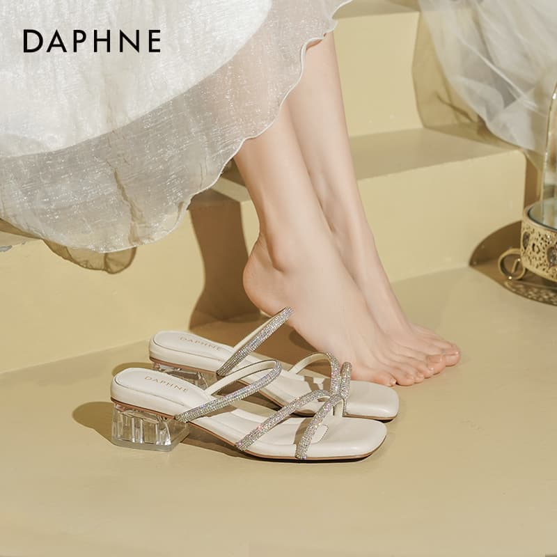 Сандалии DAPHNE Шлепанцы Экрю [Элегантный с камнями каблук 5 см] женские - изображение 7