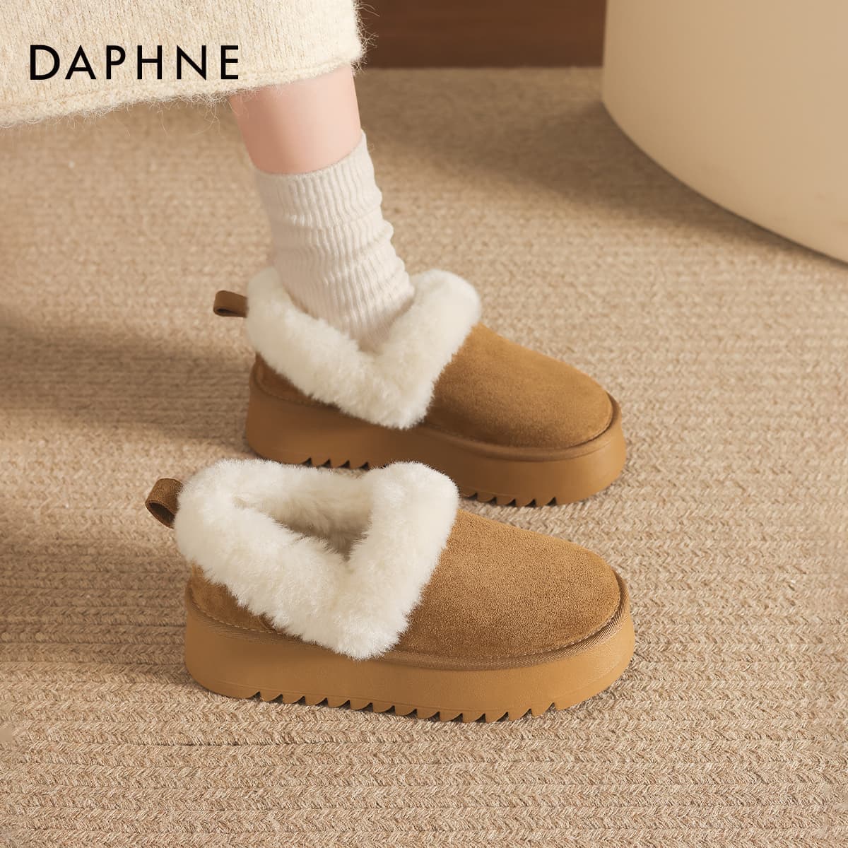 Ботинки зимние DAPHNE Ткань Стиль Майярд Однотонный Утолщенный и с Флисовой Подкладкой Термическая Слип-он Плюшевая Обувь - изображение 3