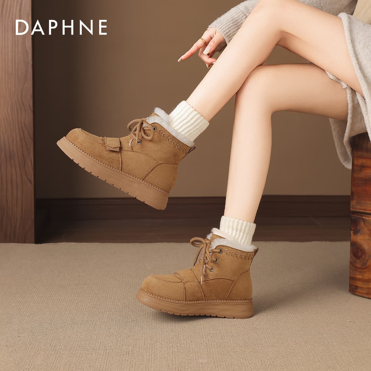 Ботинки зимние DAPHNE Сноубутсы Хаки Высота каблука 4CM Женские - изображение 3