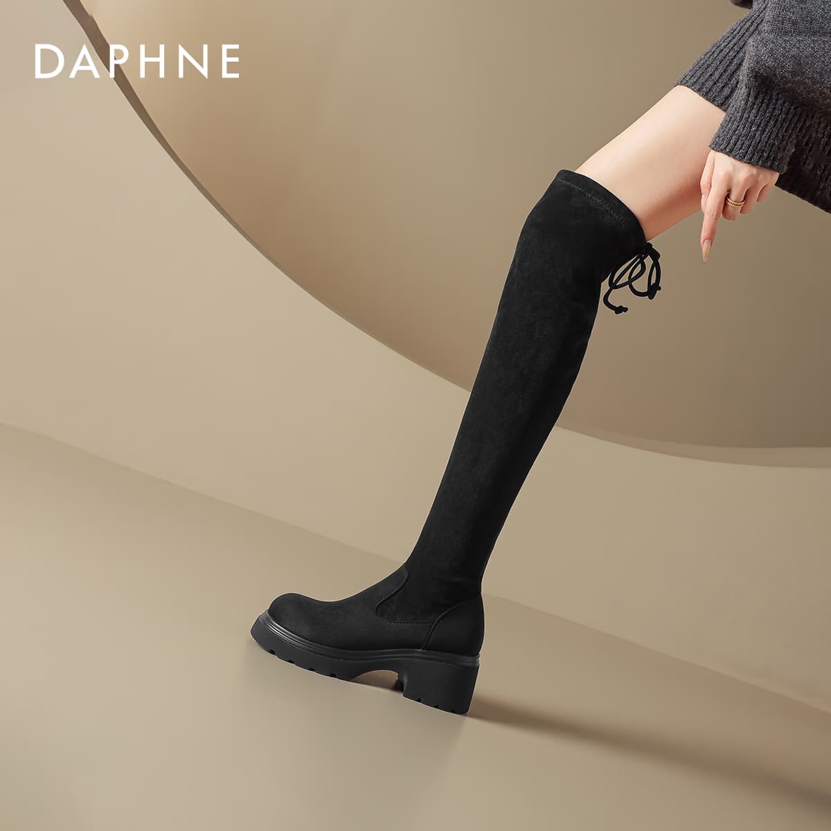 Ботинки DAPHNE Высокие сапоги до колена Черный с флисовой подкладкой Женские - изображение 7
