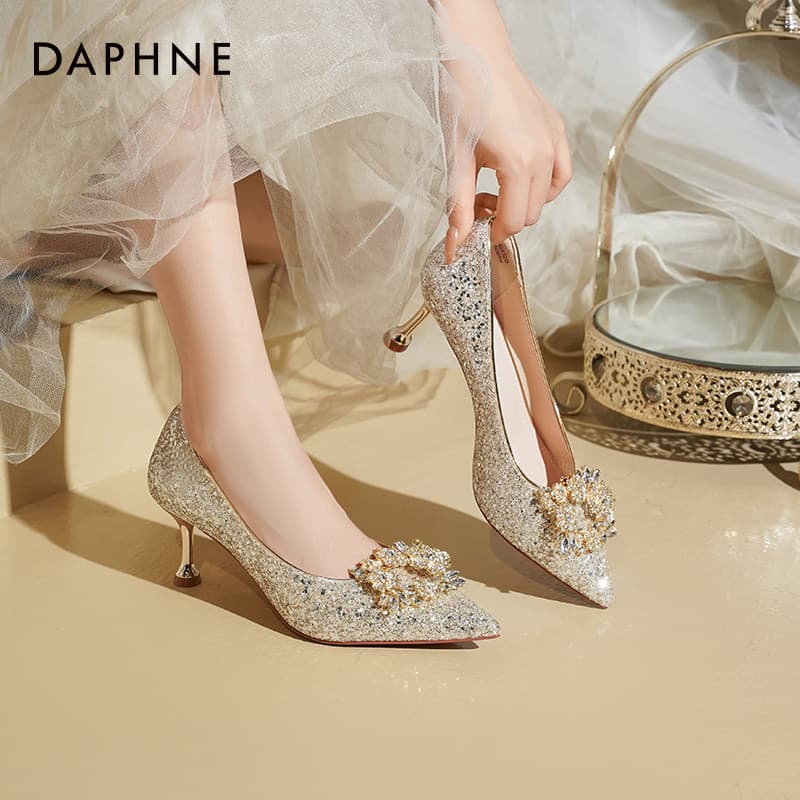 Туфли DAPHNE Высокие каблуки Low Топ Шампанское золото [Сборка и разборка Стразы 6,5 см Высота каблука] Женские - изображение 5