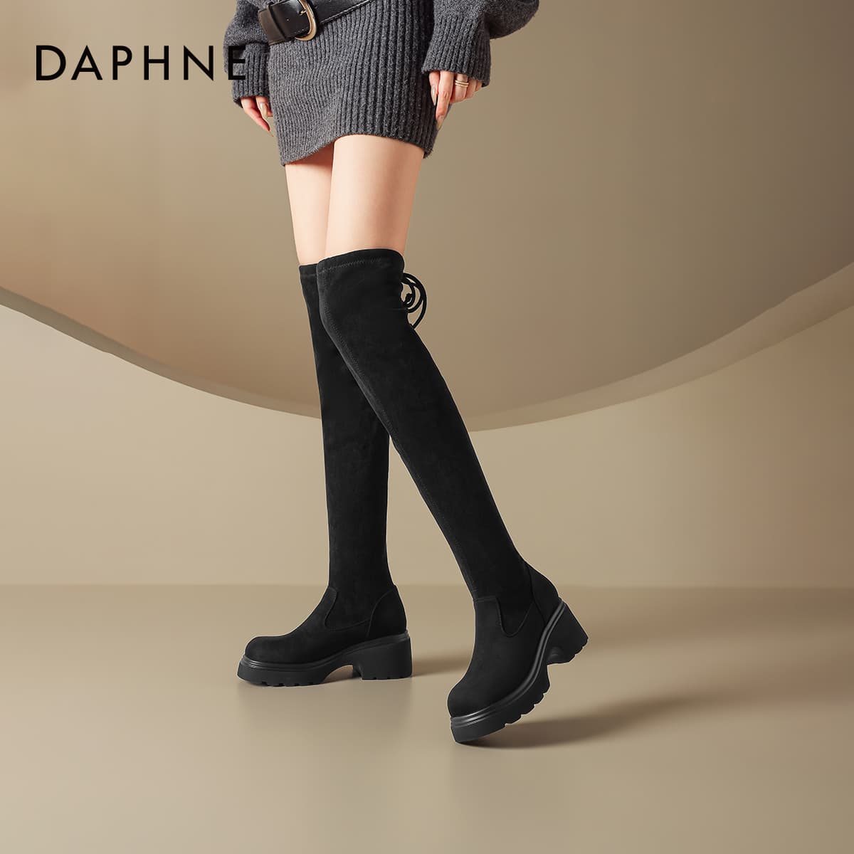 Ботинки DAPHNE Высокие сапоги до колена Черный с флисовой подкладкой Женские - изображение 5
