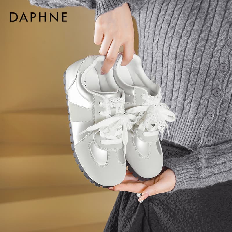 Кроссовки DAPHNE Повседневная обувь Low Топ Серебряный [Кружево Вверх 3 см Платформа] Женские - изображение 6