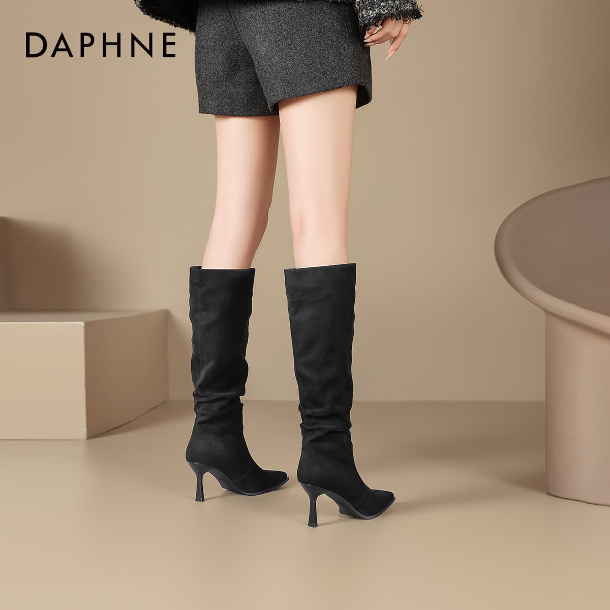 Ботинки DAPHNE Колено High Ботинки Черный Женские - изображение 5