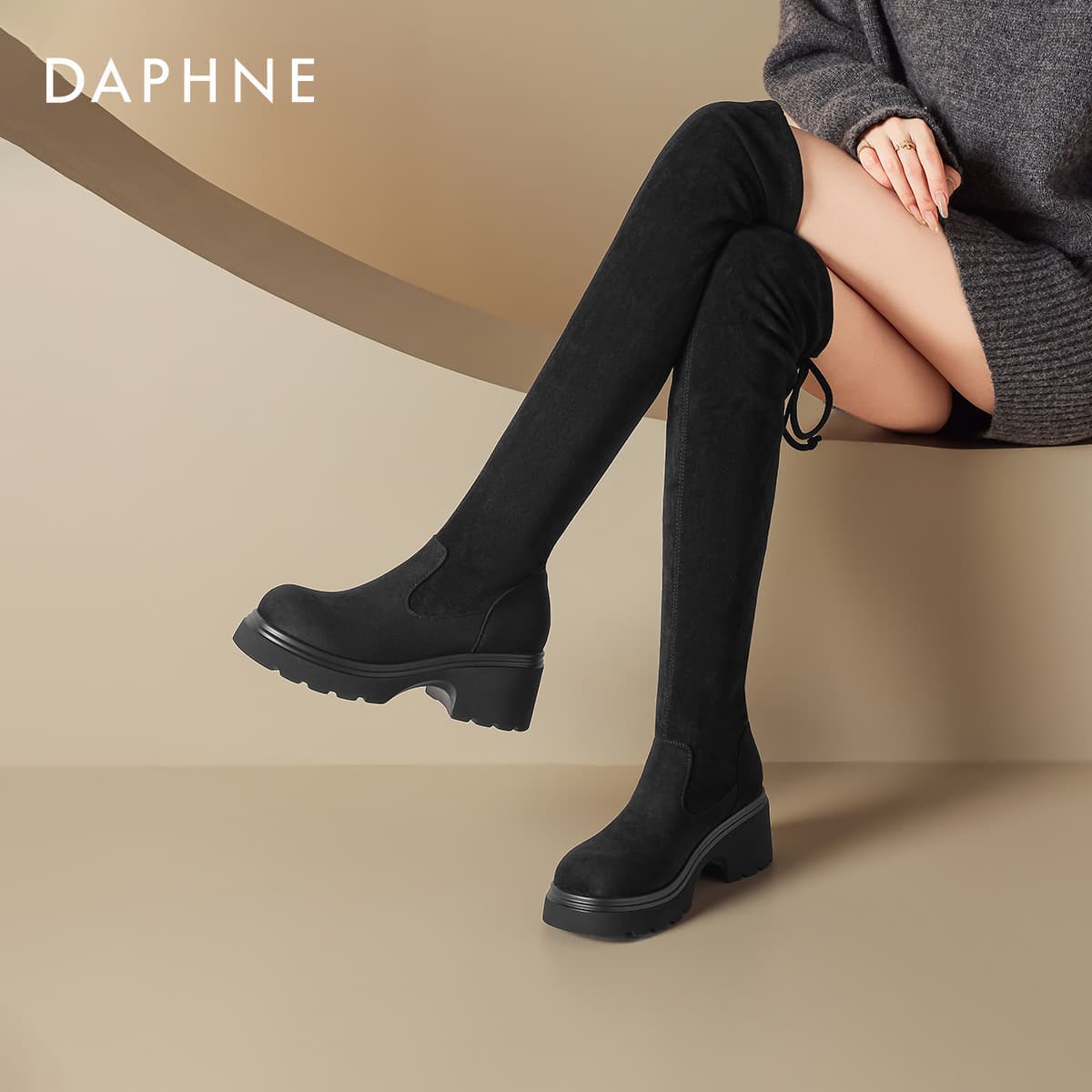 Ботинки DAPHNE Высокие сапоги до колена Черный с флисовой подкладкой Женские - изображение 4