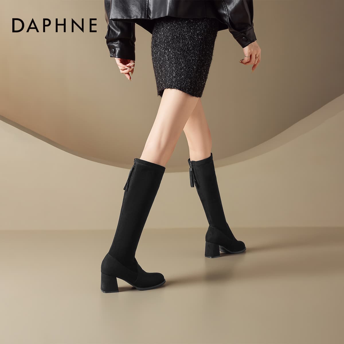 Ботинки DAPHNE Высокие сапоги до колена Черный с флисовой подкладкой Женские - изображение 7