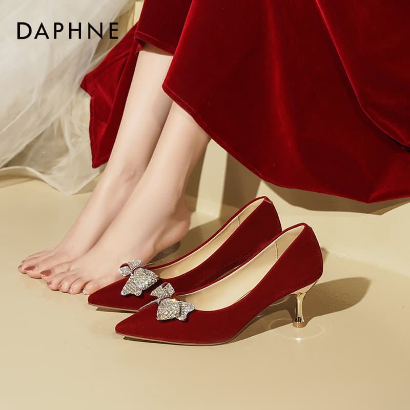 Туфли DAPHNE Высокие каблуки Low Топ Красный [Полностью стразами Бант] 6 см Женские - изображение 8