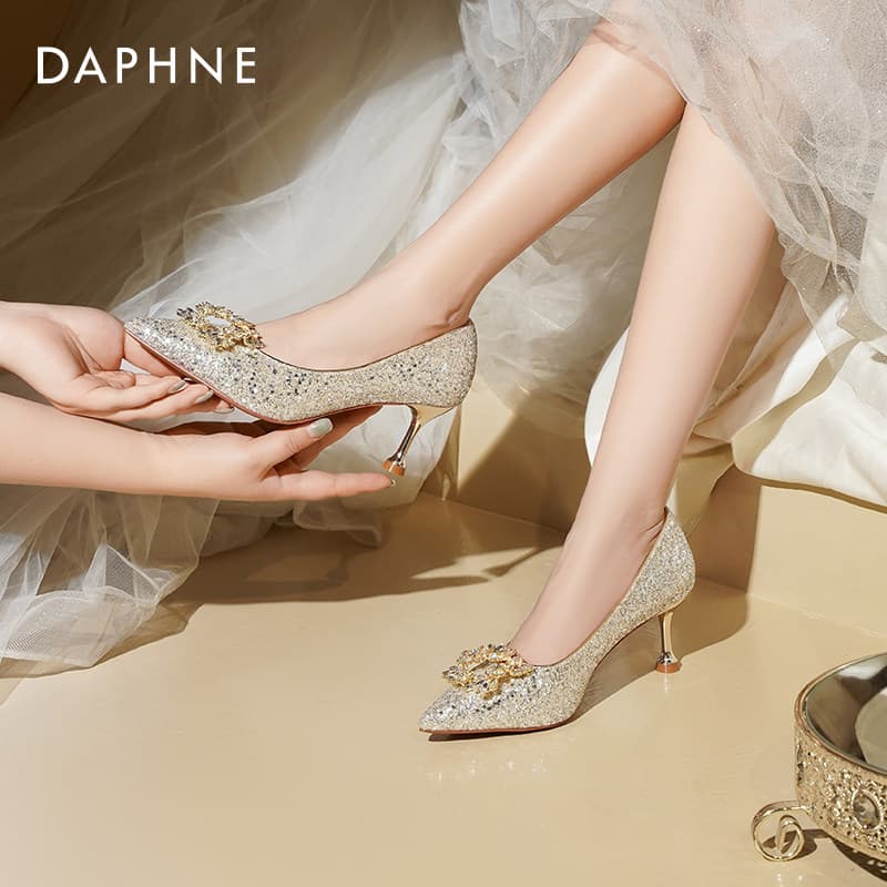 Туфли DAPHNE Высокие каблуки Low Топ Шампанское золото [Сборка и разборка Стразы 6,5 см Высота каблука] Женские - изображение 4