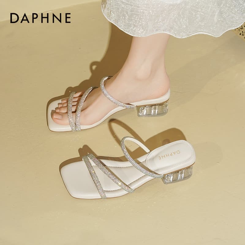 Сандалии DAPHNE Шлепанцы Экрю [Элегантный с камнями каблук 5 см] женские - изображение 6