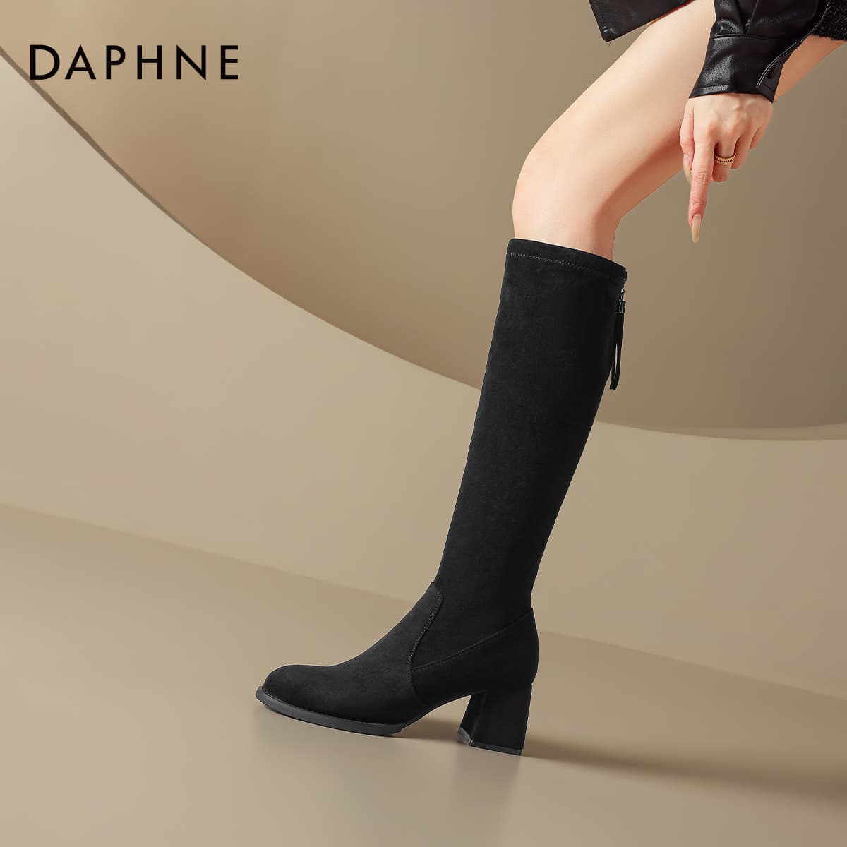Ботинки DAPHNE Высокие сапоги до колена Черный с флисовой подкладкой Женские - изображение 4