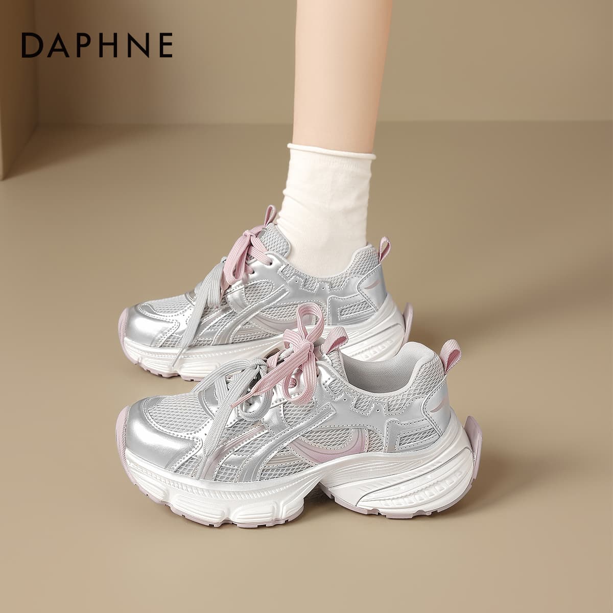 Кроссовки DAPHNE Массивные кроссовки Low Топ Серебристo-розовый Женские - изображение 6