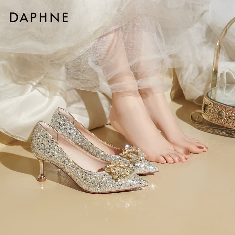 Туфли DAPHNE Высокие каблуки Low Топ Шампанское золото [Сборка и разборка Стразы 6,5 см Высота каблука] Женские - изображение 6
