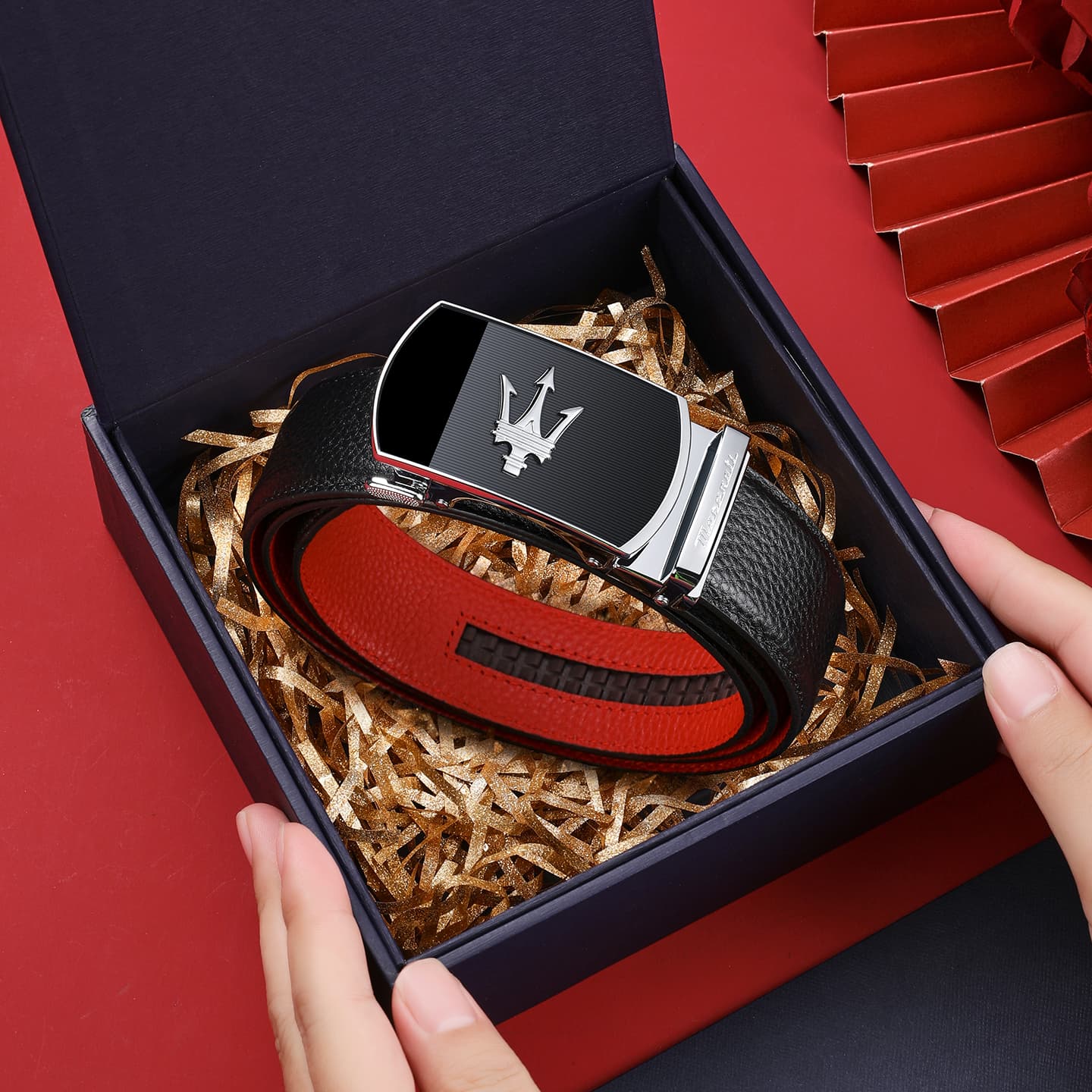 Ремень Maserati Сплав Лицевая коровья кожа Ремни Мужской Серебряный Металлический 3,5 см Красный Ремень Трендовый Юность - изображение 6