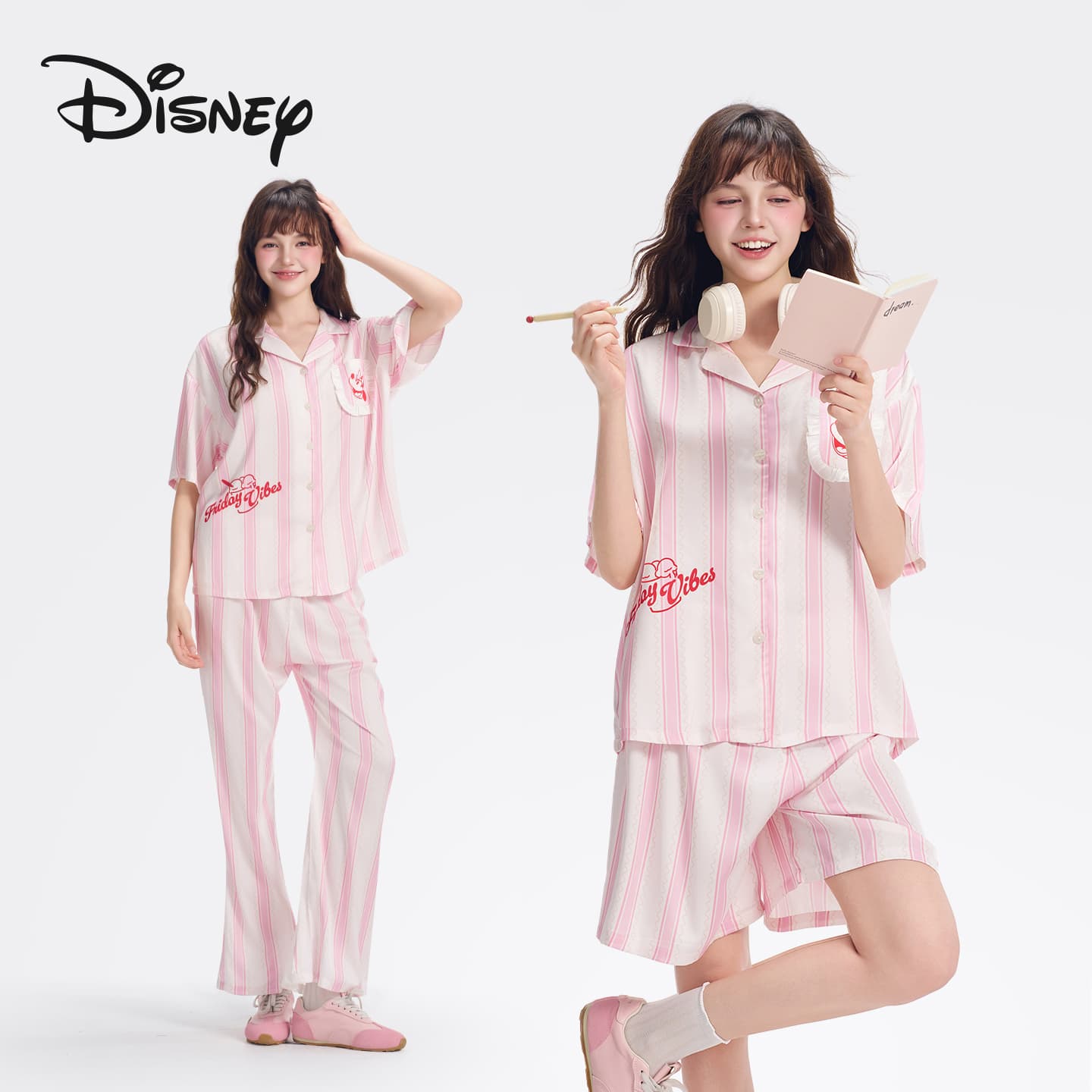 Пижама Disney Minnie Series Минни Розовые Полосы Трёхкомпонентный Набор Волшебных Цветов Женские Пижамные Комплекты - изображение 1