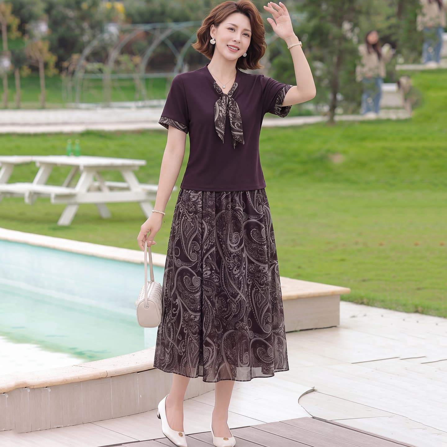 Платье PIERRE CARDIN Кофе Женские Короткие Платья с Короткими Рукавами - изображение 4