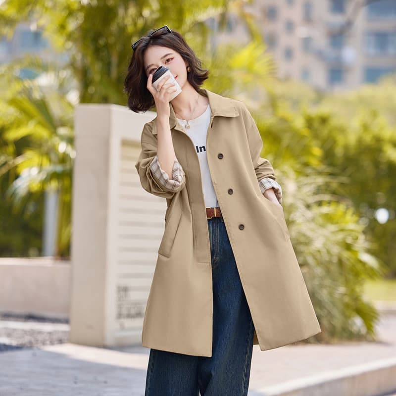 KAISER Минималистичный элегантный художественный стиль женское пальто с клетчатыми манжетами средней длины - изображение 2
