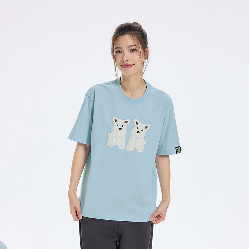 Футболка BONELESS Плюшевый T-shirt с аппликацией вест хайленд уайт терьера, роскошная уличная мода, короткий рукав, летний, парный, универсальный, охлаждающий, быстросохнущий, унисекс - изображение 3