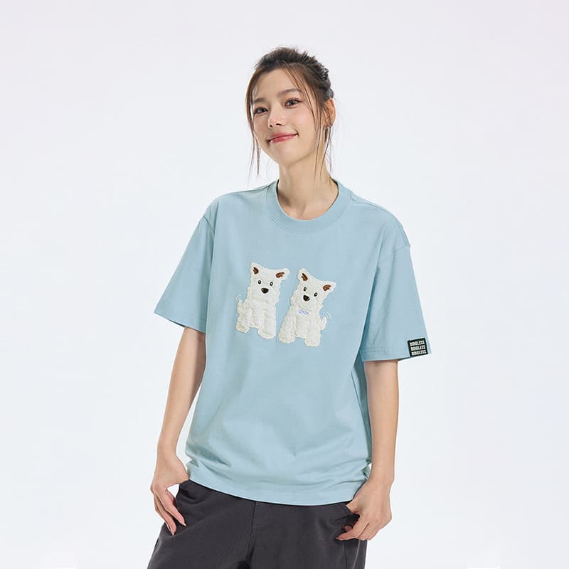 Футболка BONELESS Плюшевый T-shirt с аппликацией вест хайленд уайт терьера, роскошная уличная мода, короткий рукав, летний, парный, универсальный, охлаждающий, быстросохнущий, унисекс - изображение 4