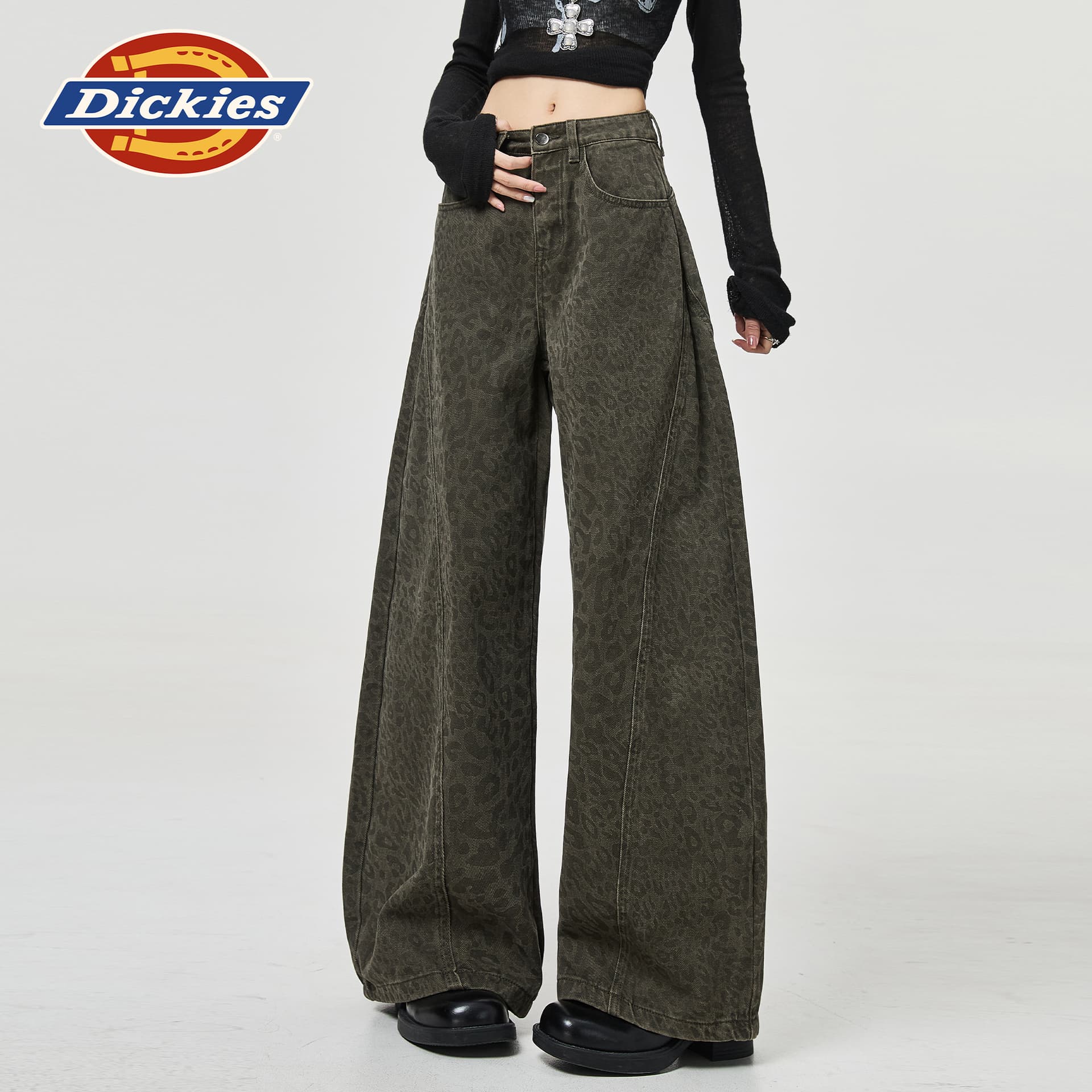 Джинсы dickies Армейский зеленый Леопардовый принт Удлиненная длина Женские Джинсы - изображение 4